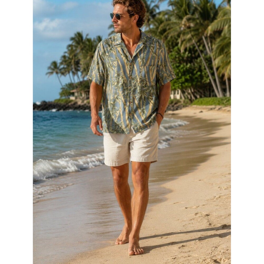 Jamaica Jaxx 100% Silk Hawaiian Shirt Mens M Bamboo Print Blue Camp Aloha Resort